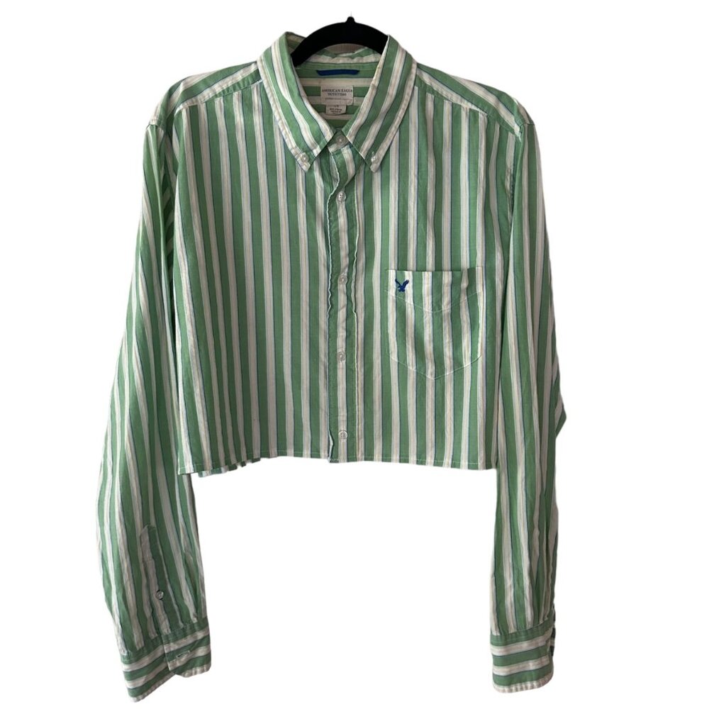Cropped American Eagle Button Down Shirt Large Green Stripe Custom Preppy
